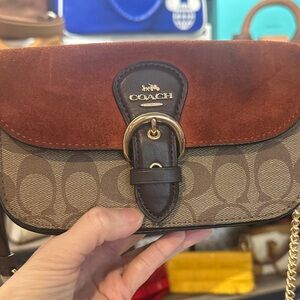 Coach Suede Brown and Tan Signature Crossbody Bag